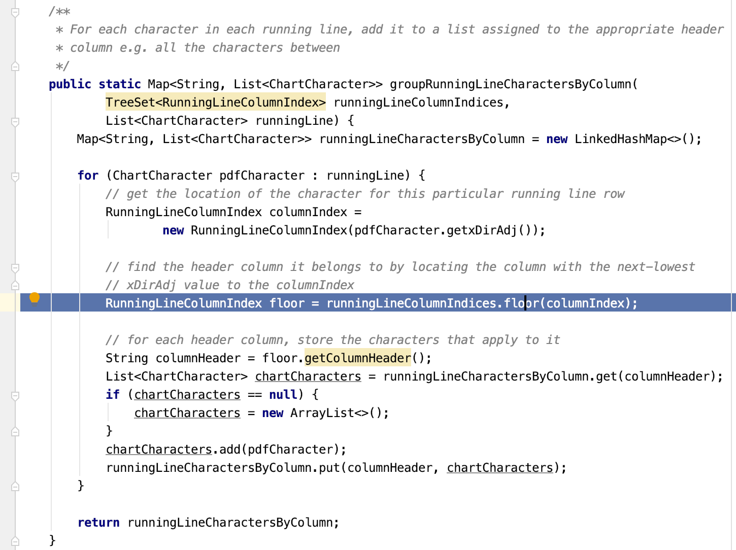 Using TreeSet.floor to indexing column ranges